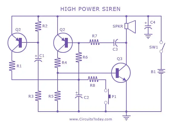 Security Alarm Circuit With High Power Siren