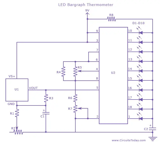 Temperature measurement circuit using LED bargraph