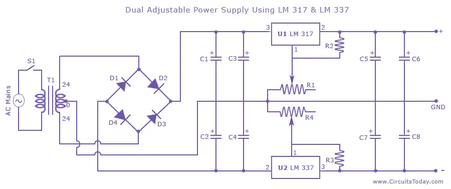 Dual Adjustable/Variable Power Supply Circuit Using LM317 ...