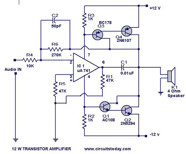 Transistor Amplifier Circuit with Diagram for 12 Watts