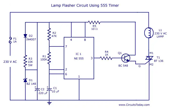 Lamp Flasher Circuit Using 555 Timer