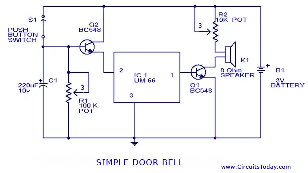 Doorbell Circuit with Diagram and Schematic using UM 66 IC