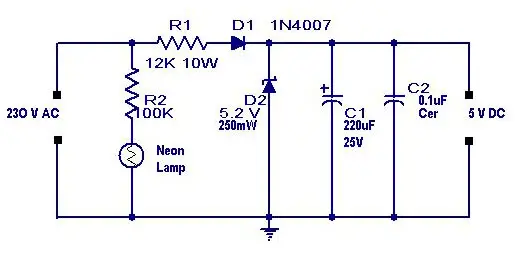 Transformerless Power Supply Circuit - Outputs 5 Volt DC