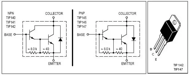 TIP 142-TIP 147 Pin Out Diagram and Schematics