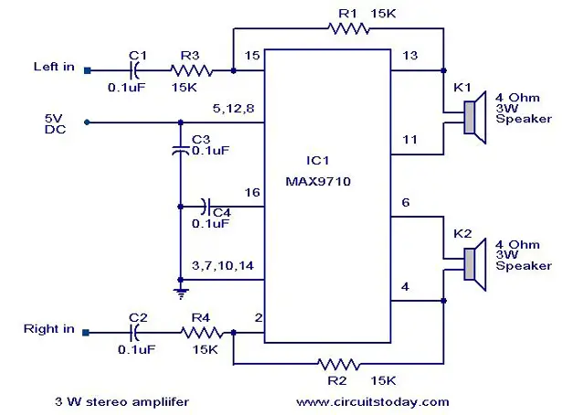 Circuit Diagram Of Stereo Amplifier - 3 W Stereo Amplifier Circuit - Circuit Diagram Of Stereo Amplifier