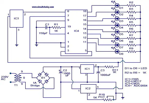 Digital Temperature Sensor Circuit using ADC0804, LM35, and LM317