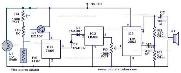 Simple Fire alarm circuit using LDR