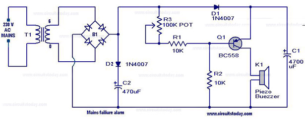 Power Failure Alarm With High Sound Circuit Diagram - Mains Failiure Alarm - Power Failure Alarm With High Sound Circuit Diagram