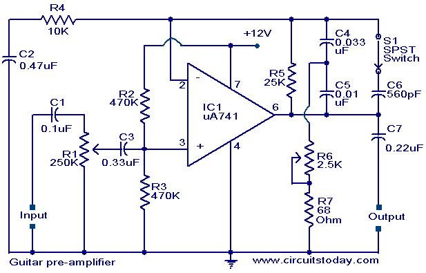 Simple 741 Pre Ampli Circuit - Guitar Preamplifier Circuit - Simple 741 Pre Ampli Circuit