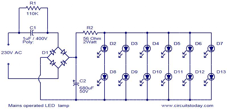 Simple Led Light Circuit - Mains Operated Led Lamp - Simple Led Light Circuit