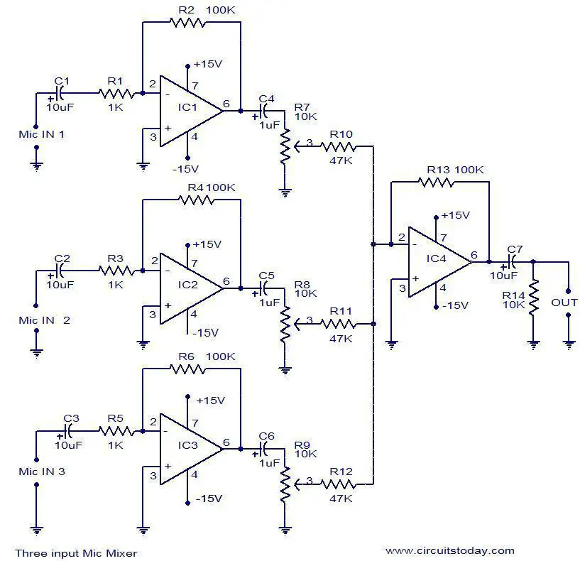 3 Input mic mixer circuit