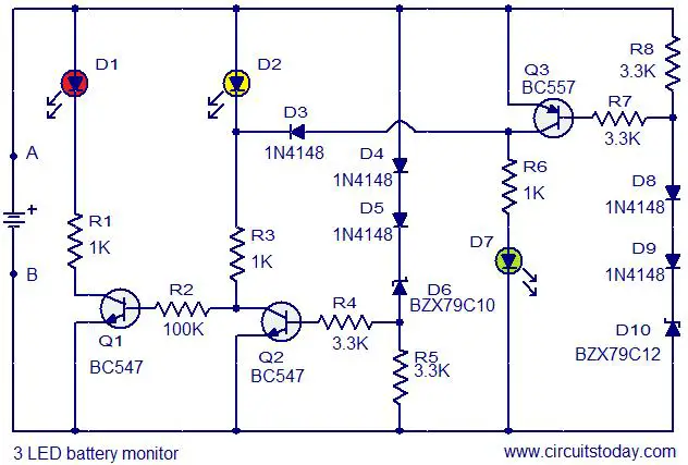 3 Led Battery Monitor Circuit
