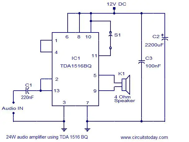 12v Amplifier Circuit - 24w Amplifier Using Tda1516 Circuit - 12v Amplifier Circuit