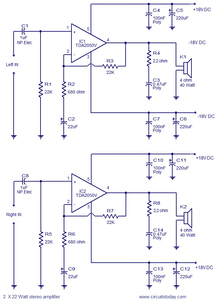 2 x 32 Watt stereo amplifier circuit