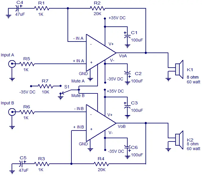 2 x 60 W audio amplifier circuit