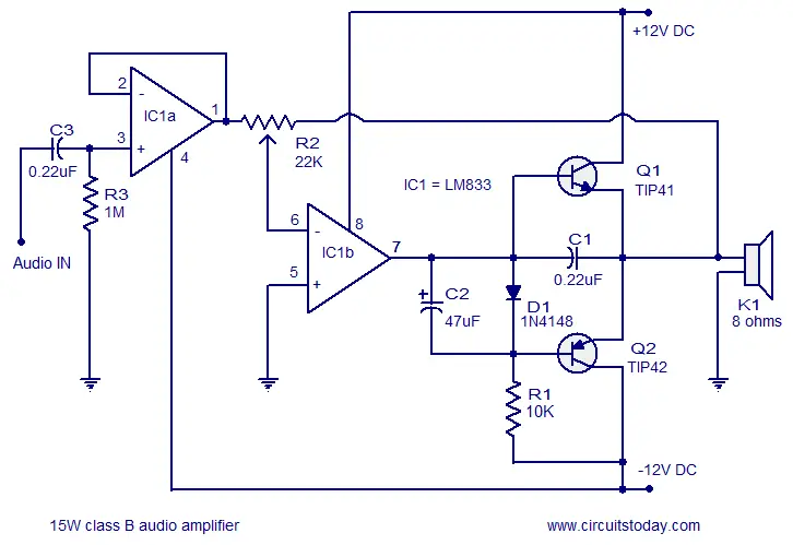Audio Amplifier Circuit 15 Watts Class B