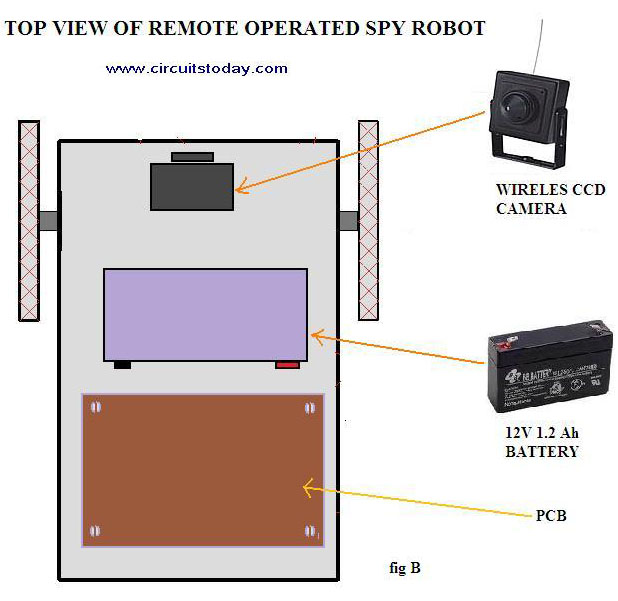 Construction of Remote Operated Spy Robot Circuit - Top View