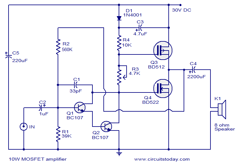 Popular Mosfet Audio Amplifier Circuits-Circuit Diagrams