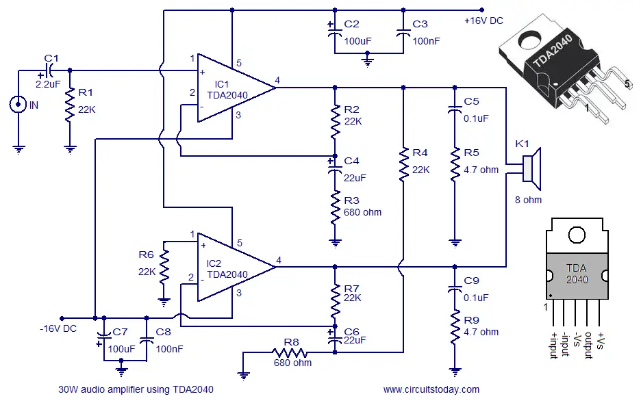 Audio amplifier circuit using TDA2040 | Todays Circuits ...