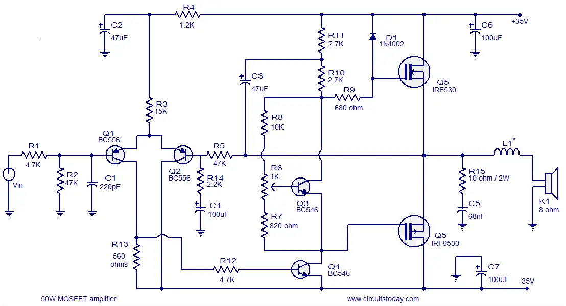 Circuit Hi Quality Mos Amp - 50 Watts Mosfet Amplifier Circuit Diagram - Circuit Hi Quality Mos Amp