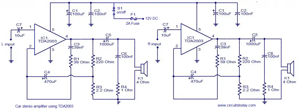 Car Audio Amplifier Circuit Schematic Using Tda2003
