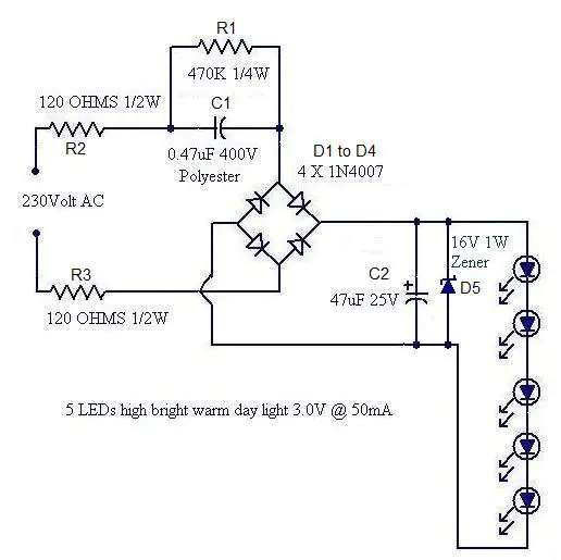 A simple LED lamp circuit from scrap. Uses 5 LED and takes ...