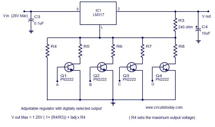 LM317 voltage regulator digitally selected output adjustable regulator digitally selectable output