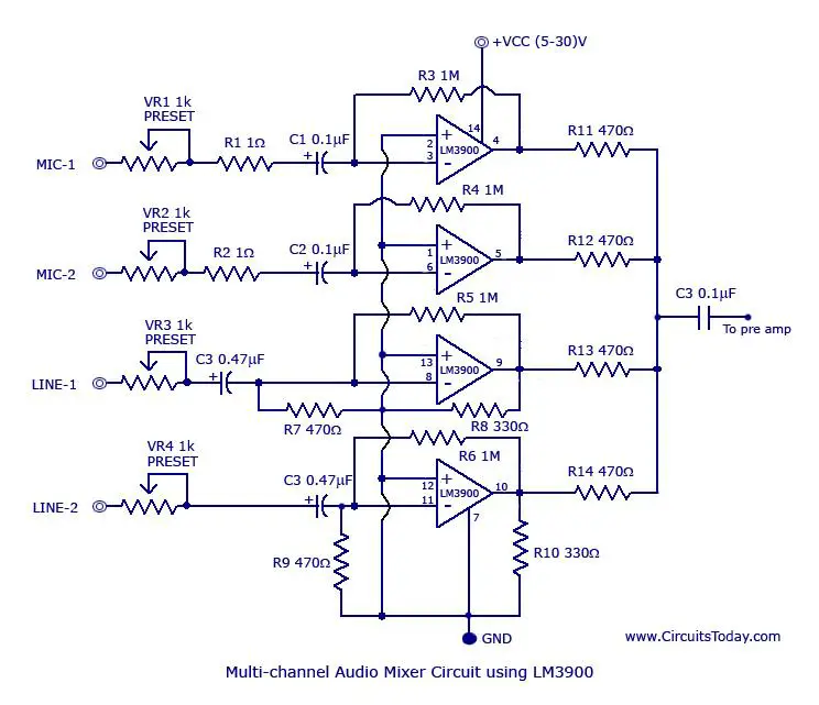 Muti-channel audio mixer circuit based on LM3900 IC. Four ...