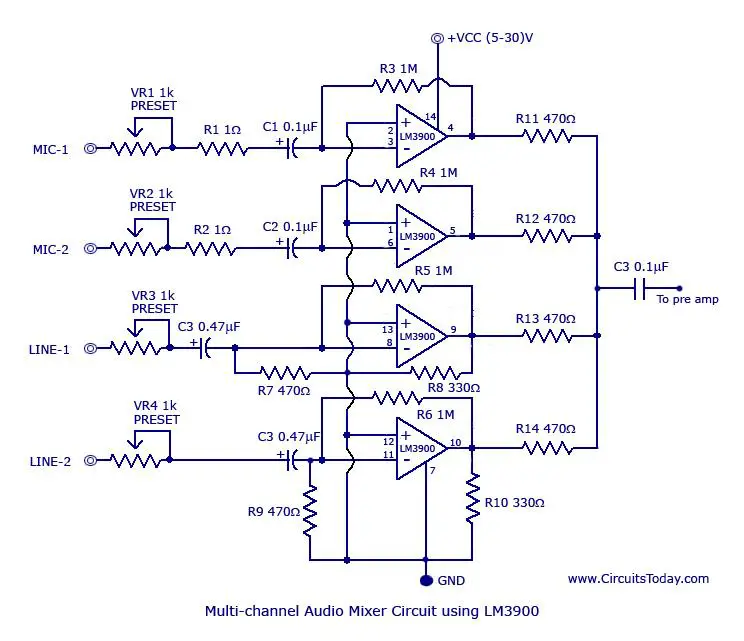 Multi-channel audio mixer circuit using LM3900 | Projects | CircuitMaker