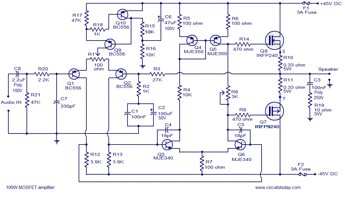 100W MOSFET power amplifier circuit using IRFP240, IRFP9240