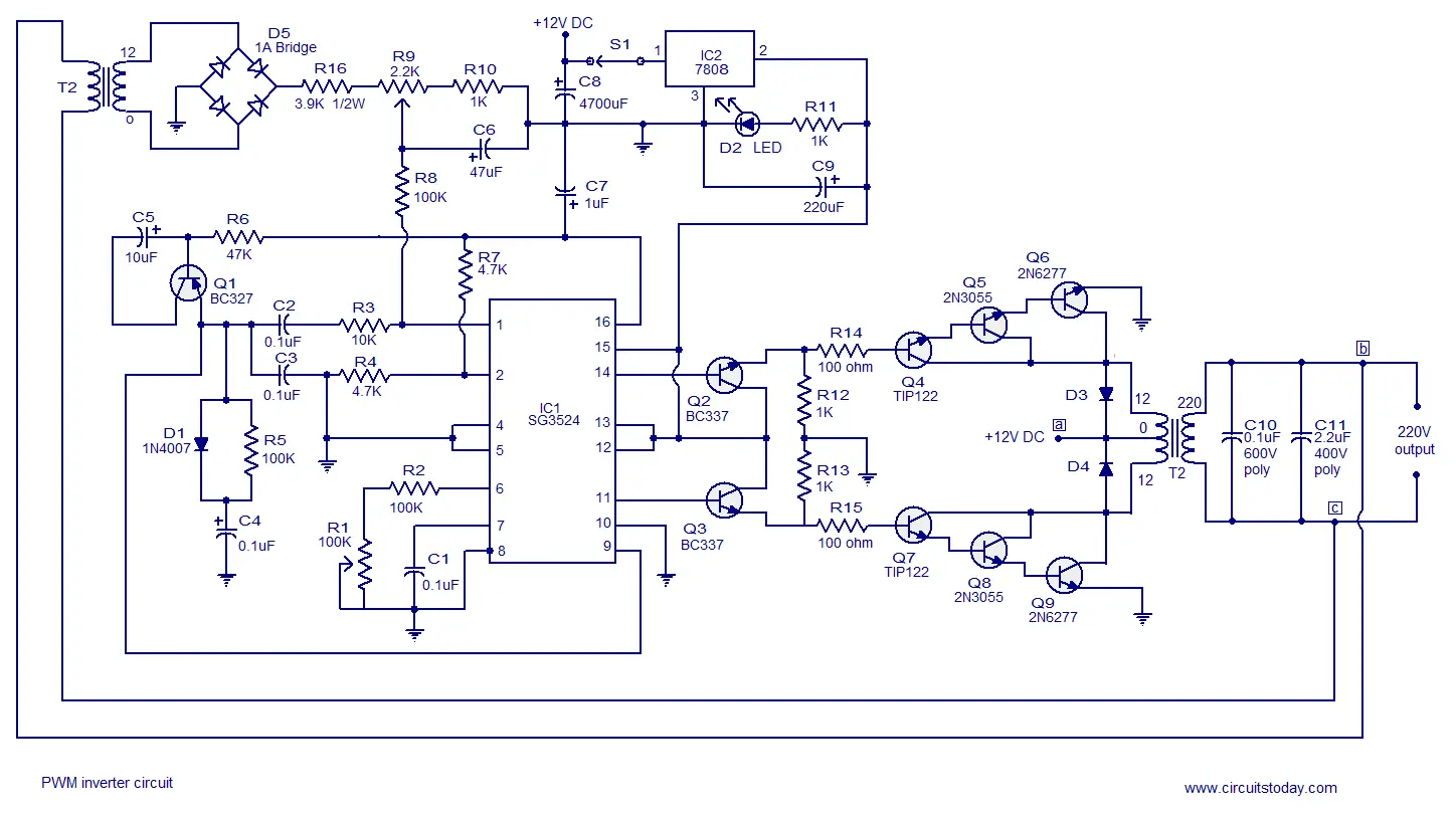 PWM inverter circuit based on SG3524 : 12V input, 220V ...