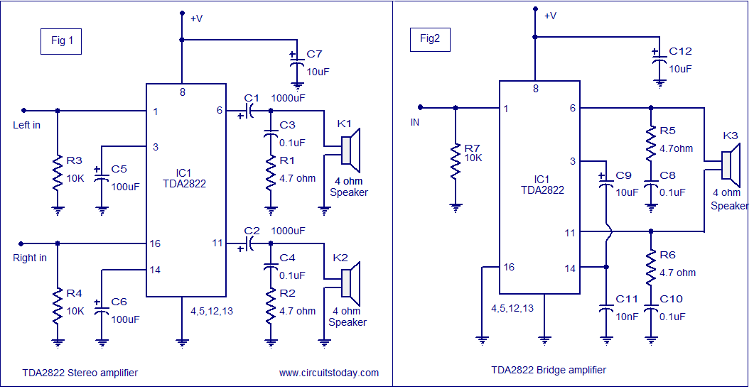 TDA2822 amplifier circuit 3V to 15V operation, for ...
