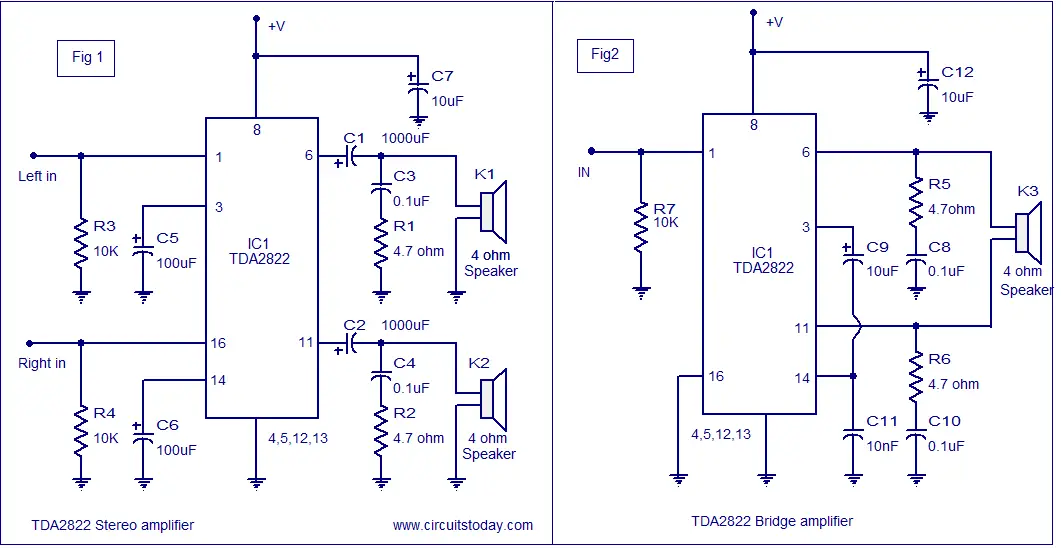 TDA2822 amplifier circuit 3V to 15V 