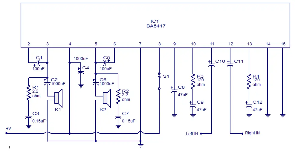 5x2 wattt stereo amplifier circuit using BA5417. Operates ...