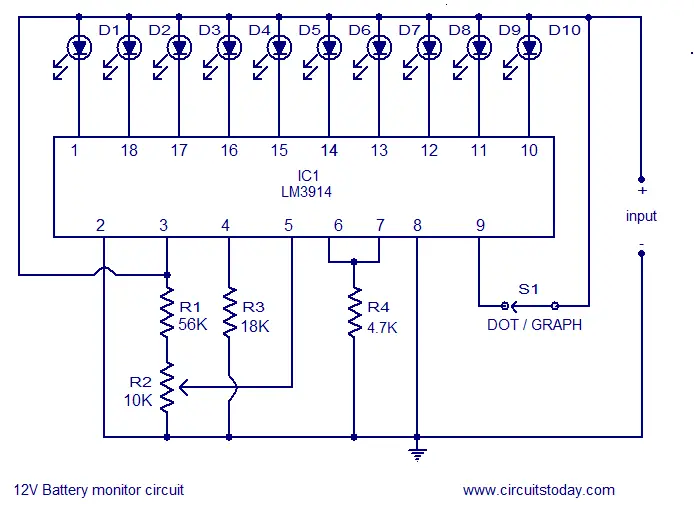 12V battery level indicator with LED dot / bargraph ...