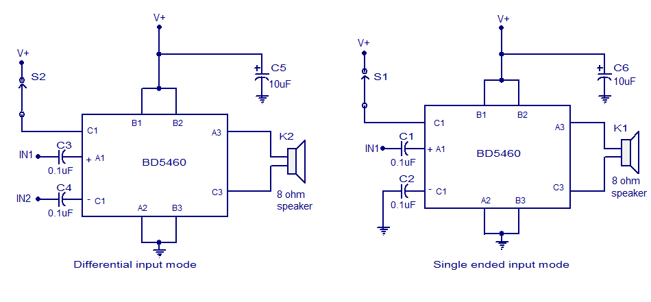 Simple Class D amplifier circuit using BD5460. Battery ...