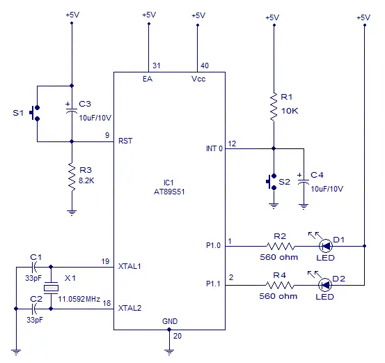 toggling led 8051 using interrupt