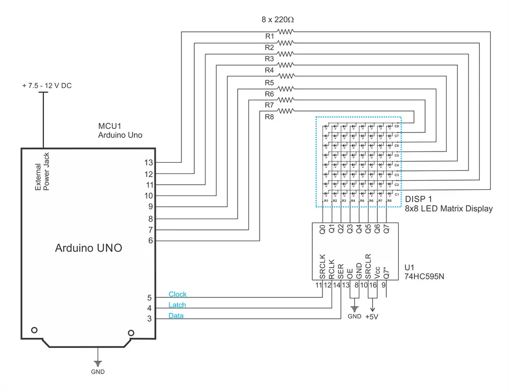 Circuit Diagram - 8X8 LED Matrix Interface with Arduino