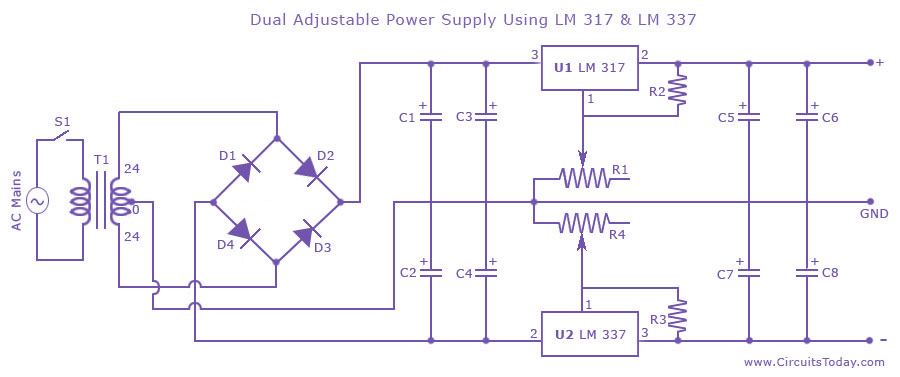 Dual Adjustable Variable Power Supply Circuit Using Lm317 Lm337 Dual Adjustable Variable Power Supply Circuit Using Lm317 Lm337
