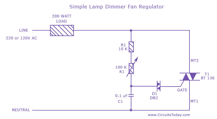 Simple Lamp Dimmer/ Fan Regulator Circuit using a Triac Circuit Diagram