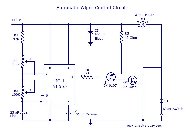 Automatic Wiper Control Circuit using NE 555 IC 2n 12v wiring diagram 