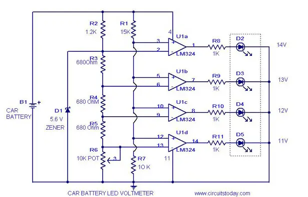 Voltmeter Circuit Car Battery Voltmeter Circuit Using LED