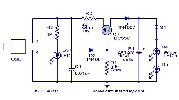 Usb Led Lamp Circuit Using 5 Volts Using Bc558 Transitor