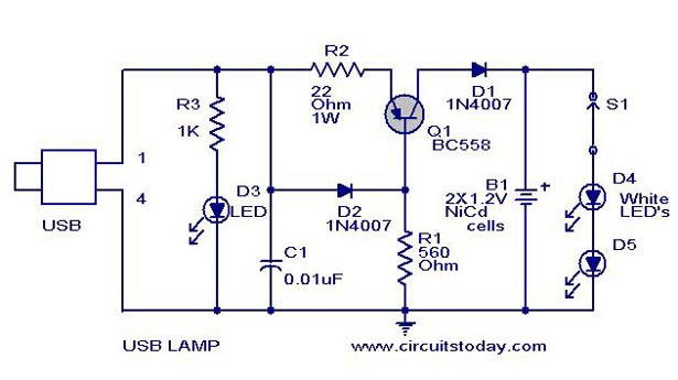 USB LED Lamp Circuit using 5 Volts Using BC558 Transitor