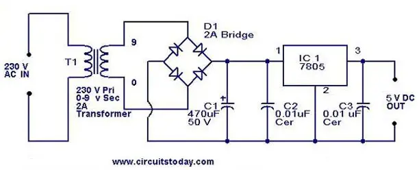 Simple 5V Power Supply Circuit Using LM7805 Regulator IC