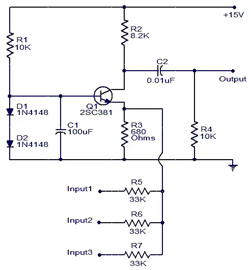 Single transistor audio mixer.