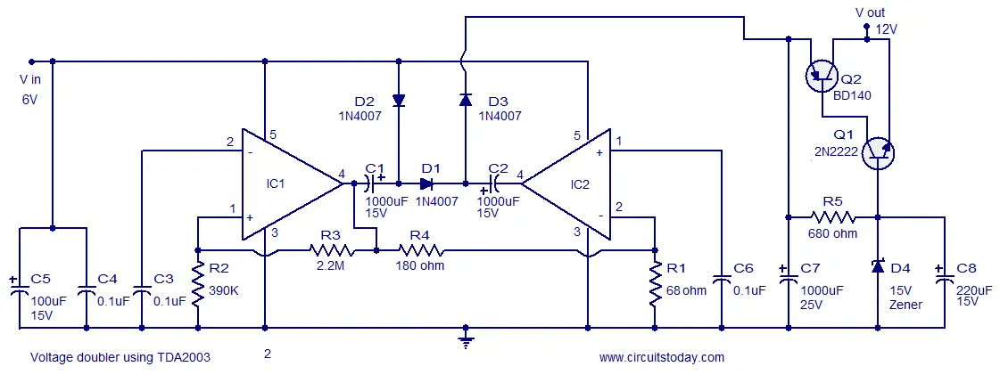 Voltage converter circuit Voltage converter circuit -6 to 12 volts - using TDA2003