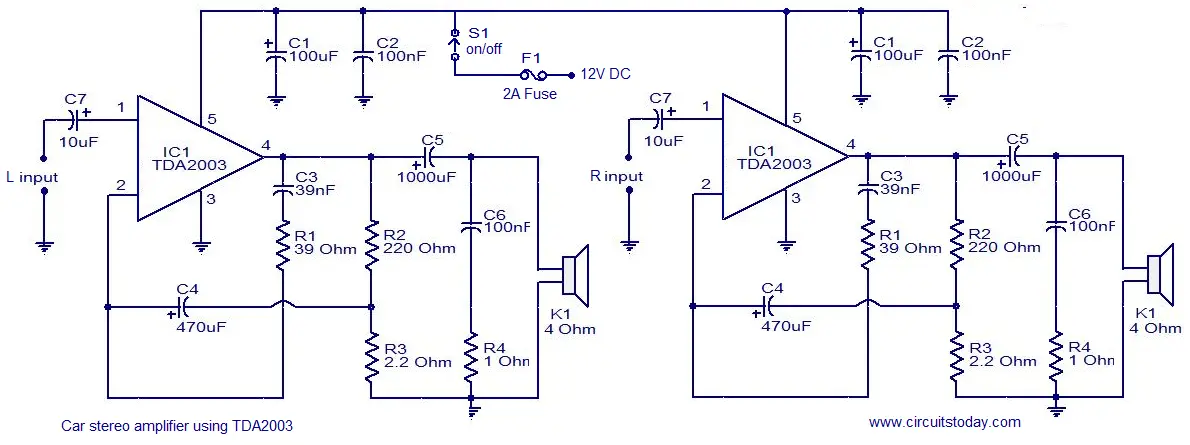 Car audio amplifier circuit schematic using TDA2003 Car audio amplifier circuit schematic using TDA2003