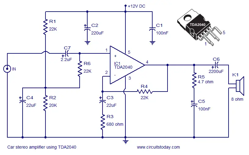 Car Amplifier Circuit Schematic using TDA2040 Integrated Audio Amplifier