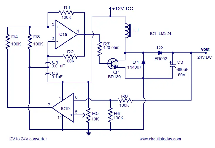 Simple 12V to 24V DC DC converter using LM324 and transistor